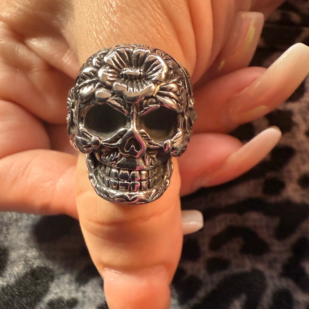 Stainless Steel Floral Skull Ring